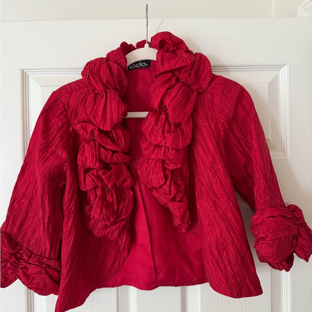 Red Ruffled Blazer with Satin Finish